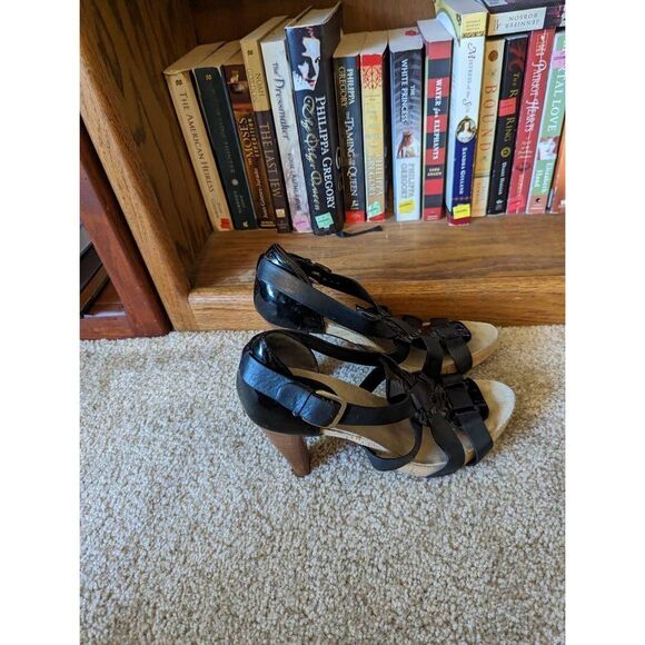 COLE haan black and brown chunky heel stilleto sandals euc sz 7 - Picture 1 of 7